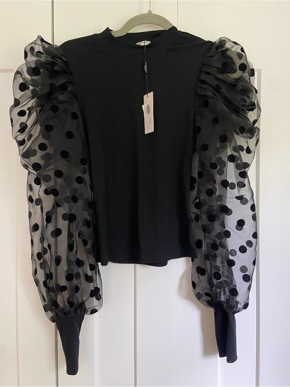 Black Puff-Sleeve Polka Dot Knit Top